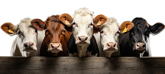 group of cows of different color isolated, looking forward, transparent background, generative ai - Powered by Adobe