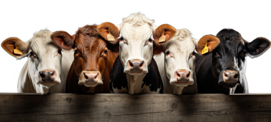 group of cows of different color isolated, looking forward, transparent background, generative ai