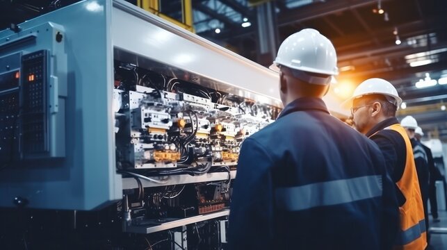 Engineers and factory managers wearing safety helmet inspect the machines in the production. inspector opened the machine to test the system to meet the standard. machine, maintenance
