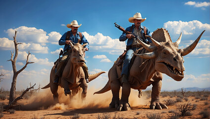 Two cowboys ride dinosaurs in the desert.
