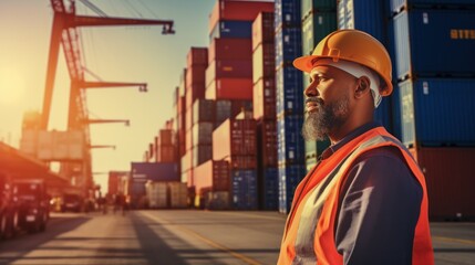 Hispanic man harbor worker and control loading containers at container warehouse. container yard port of import and export goods, container, import and export goods, industrial, transportation - obrazy, fototapety, plakaty
