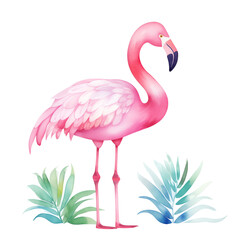 Obraz premium charming pink flamingo with watercolor foliage on a white background