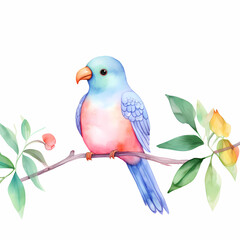 pastel colored bird on a branch watercolor illustration;
