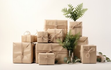 Christmas presents wrapped in sustainable materials like fabric or plant-based paper, arranged in a stack against a white background
