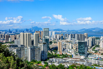 Shenzhen skyline and modern buildings scenery under blue sky, Guangdong Province, China. 