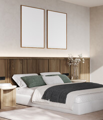 Two blank frames in scandinavian style bedroom interior, home interior, 3d rendering