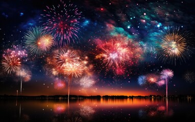 Fireworks bursting in the night sky, illuminating the atmosphere with vibrant colors and celebration