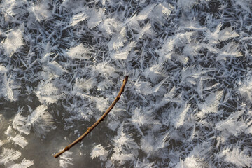 Large crystalline frost grown on ice on a frosty day close-up, northern nature
