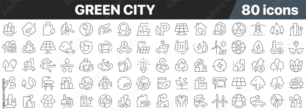 Poster green city line icons collection. big ui icon set in a flat design. thin outline icons pack. vector 