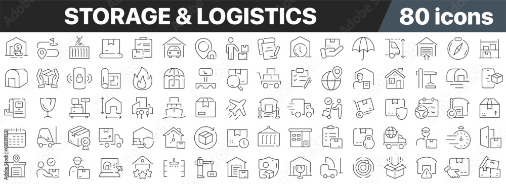 Poster storage and logistics line icons collection. big ui icon set in a flat design. thin outline icons pa