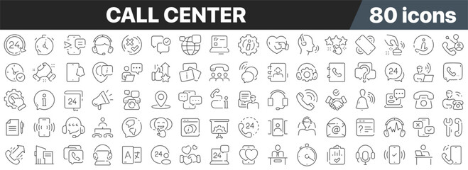 Call center line icons collection. Big UI icon set in a flat design. Thin outline icons pack. Vector illustration EPS10