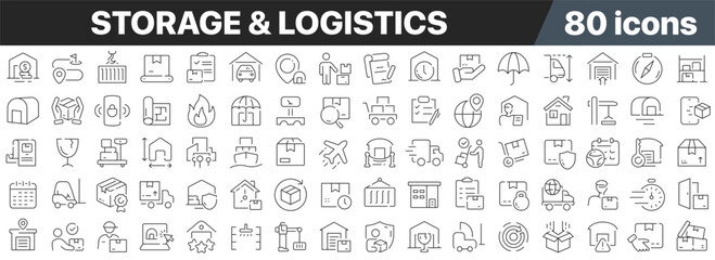 Storage and logistics line icons collection. Big UI icon set in a flat design. Thin outline icons pack. Vector illustration EPS10 - obrazy, fototapety, plakaty