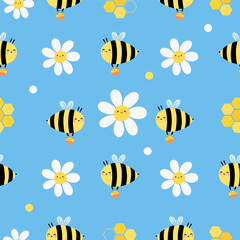 Seamless pattern with cute bee, daisy floral, honeycomb on light blue background for your fabric, children textile, apparel, nursery decoration, gift wrap paper, kids bedding. Vector illustration