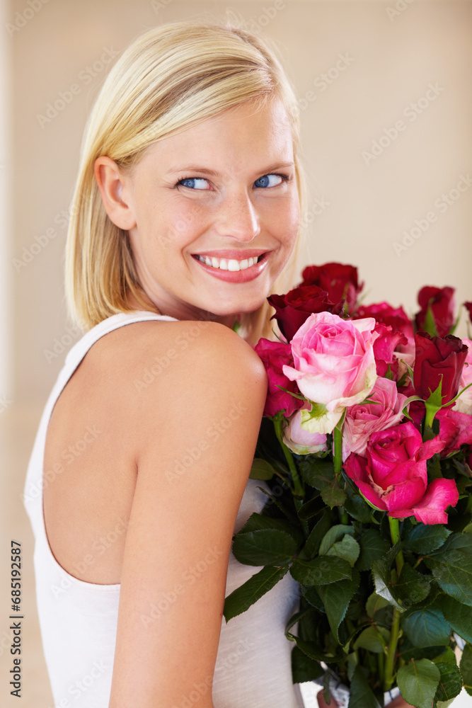 Sticker Woman, rose bouquet and smile with face, beauty and arrangement with studio background, happy and gift. Look, female model and flowers for love, present and valentines day with romantic gesture