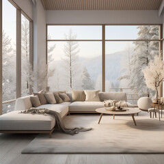 scandinavian modern living room,  with beautiful view interior design  
