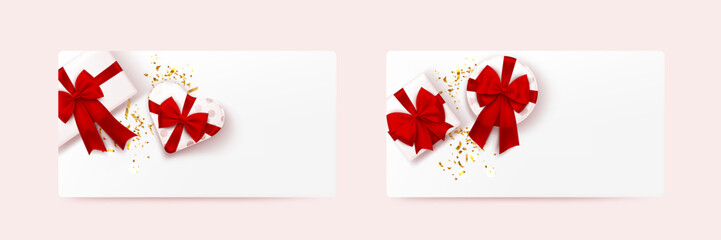 White gift card with red ribbon and bow collection. Set of holiday present, birthday celebration surprise, sale coupon, empty mockup and copy space. Vector illustration