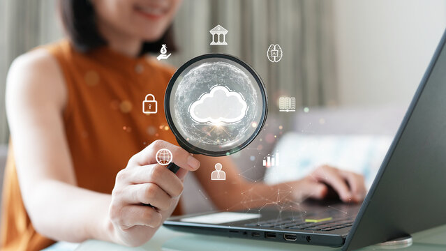 Women searching new storage alternative to computer storage using cloud or edge computing to back up data. Digital technology concept, data sheet management large database capacity and high security.