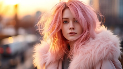 a young girl with colored hair in a fluffy pink fur coat against the backdrop of the city, morning light, pastel colors 