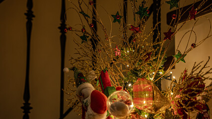 Close ups of Christmas' tree decorations with lots of ornaments. (dark)