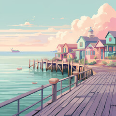 a serene coastal town with pastel-colored buildings and a wooden pier