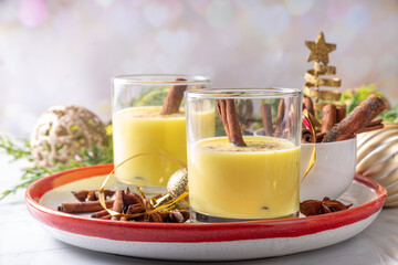 Rompope, Mexican eggnog vegan cocktail. Christmas vegetarian non-dairy drink, Egg Liqueur with...