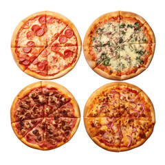 Four Delicious Types of Pizza on a Clean White Tablecloth