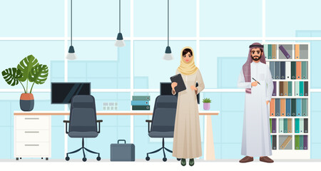 Office interior with saudi businessman and businesswoman. Large panoramic window with city skyscraper view. Desk with computer. Employee, coworking, colleague concept. Vector illustration