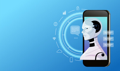 Artificial intelligence chat bot technology, digital robot face on smartphone. Cloud data, online service, internet communication, chatbot support, virtual modern app. Vector illustration