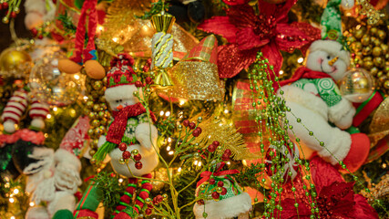 Close ups of Christmas' tree decorations with lots of ornaments. 