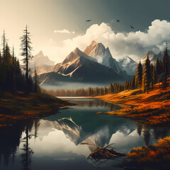 Fototapeta na wymiar a serene mountain lake with a reflection of the surrounding peaks