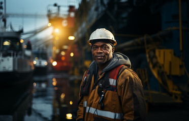 smiling African American man in a safety helmet stands at a shipyard with a large cargo ship in the background.