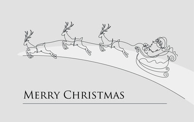 Santa Claus, reindeer, team. Christmas and New Year vector illustration, line drawing, holiday card.