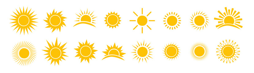 Sun icon set. Yellow sun star icons collection. Vector