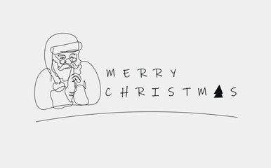 Santa Claus, Christmas tree, gifts. Christmas and New Year vector illustration, line drawing, holiday card.