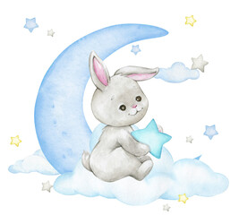 Obraz na płótnie Canvas Cute bunny, holding a star, sitting in the clouds. Watercolor clipart in cartoon style, on an isolated background.