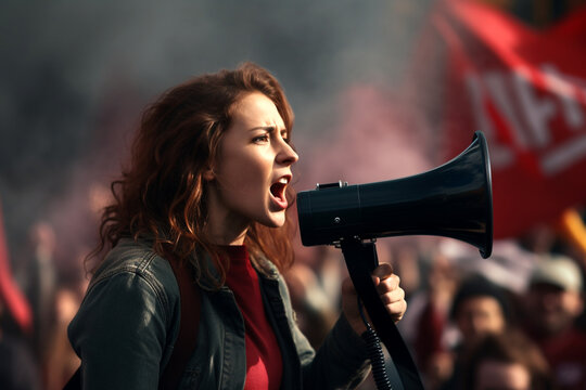 A young woman holding a megaphone in front of a crowd. Women's day concept. Generative AI