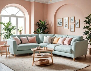 curved and modular three-seater sofa with soft pastel upholstery, placed in a dreamy and romantic living room.