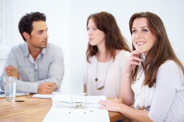 Smile, thinking and business woman planning strategy, problem solving or inspiration in creative startup. Idea, vision or professional designer brainstorming, solution or coworking in office meeting