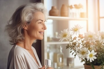 Beauty, skin care concept. Portrait of beautiful mature woman with snow-white smile, gray hair, background of house interior with flowers. Middle-aged lady, happy pensioner looking to the side