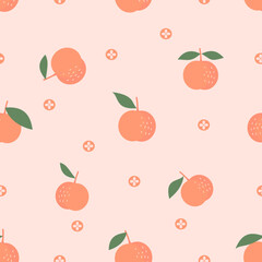 Seamless pattern of peach fruit with green leaf and cute flower on orange background vector illustration.