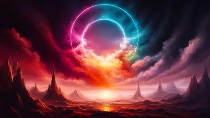 Fototapeta premium A cosmic landscape with a neon circle and smoke. Multicolored paints. Dark background. Fantasy. AI