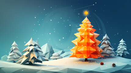 Geometric christmas trees on a snowy night with a radiant star, lowpoly low poly
