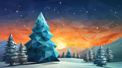 Geometric christmas trees on a snowy night with a radiant star, lowpoly low poly - obrazy, fototapety, plakaty