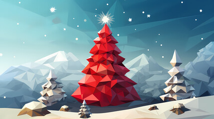 Geometric christmas trees on a snowy night with a radiant star, lowpoly low poly