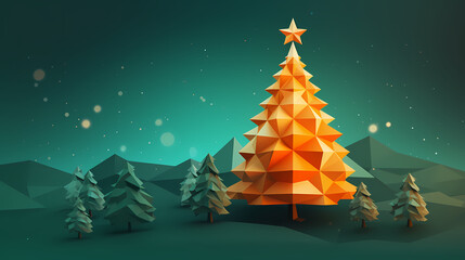 Geometric christmas trees on a snowy night with a radiant star, lowpoly low poly