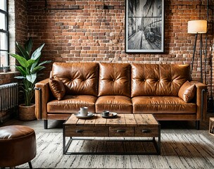 8. industrial-chic leather three-seater sofa with metal accents, placed in a loft with exposed brick walls and urban decor.