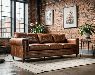 3. industrial-chic leather three-seater sofa with metal accents, placed in a loft with exposed brick walls and urban decor.