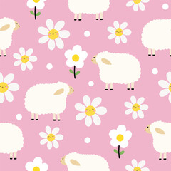 Seamless pattern with cute sheep, daisy floral for your fabric, children textile, apparel, nursery decoration, gift wrap paper, baby's shirt. Vector illustration