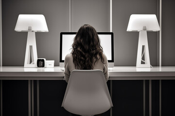 young woman working from home in front of a computer monitor. The apartment is minimalistic