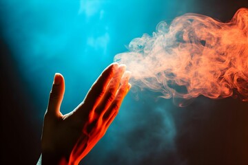 AI generated illustration of a person releasing a puff of smoke from their hand